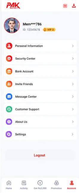 Your Account — Pak Game app screen