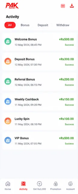 Rewards History — Pak Game app screen