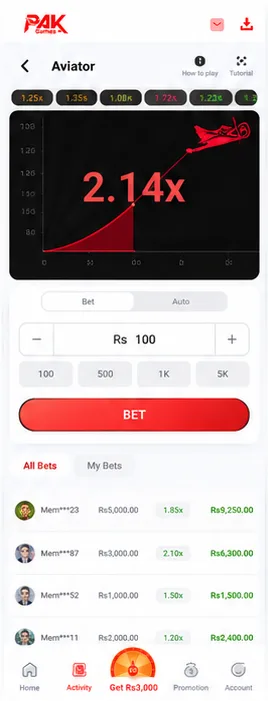 Live Bets & Multipliers — Pak Game app screen